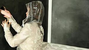 Babe rubs pussy and gives blowjob at gloryhole masturbation session