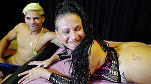 corno invites friend to eat wife's big pussy, watching her get fucked intensely by the friend in interracial action.