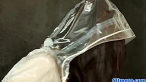 Babe rubs pussy and gives blowjob at gloryhole masturbation session