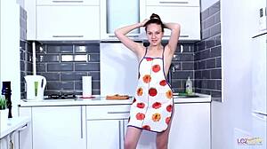 oh, chipper teen in red panties masturbates in kitchen!