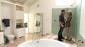 Cheating blonde engages in anal threesome with double penetration in the shower after argument