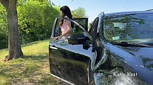 Crazy Girl Squirts on Car Roof to Clean Windshield