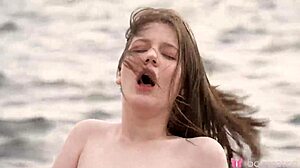 Solo brunette Margo von Tesse fingers her shaved pussy on the yacht in 4K