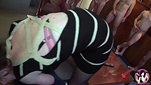 short haired brunette woman having an amazing gangbang