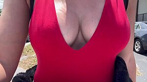 The Italian MILF with big boobs walks outdoors, feeling incredibly horny. She indulges in her fetish desires.