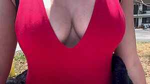 The Italian MILF with big boobs walks outdoors, feeling incredibly horny. She indulges in her fetish desires.