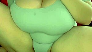 She rides in one piece for double penetration with dildo and muscular guy