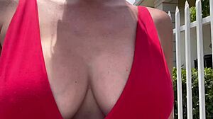 The Italian MILF with big boobs walks outdoors, feeling incredibly horny. She indulges in her fetish desires.