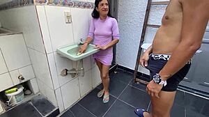 Helps Skinny Stepdaughter Wash Bathroom, Milks Him with Tight Pussy!