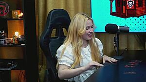 Blonde beauty feels exposed with her big pussy on display during podcast