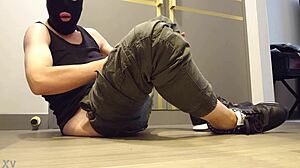 Wow, the guy just wanks into his sneakers like it's no big deal!