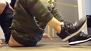 Wow, the guy just wanks into his sneakers like it's no big deal!