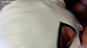 Preview: MILF in pantyhose and high heels with perfect tits and big ass giving blowjob with cum in mouth.