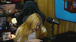 Blonde beauty feels exposed with her big pussy on display during podcast