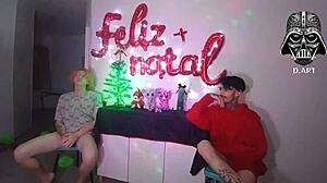 Christmas goddess with small waist dominates cuckold using two big cocks uncensored.