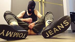 Wow, the guy just wanks into his sneakers like it's no big deal!