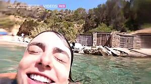 pornstar has sex on ibiza paradise beach, cum on face, then public walk