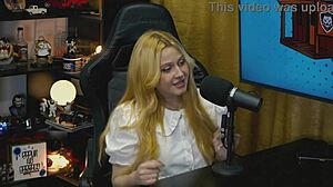 Blonde beauty feels exposed with her big pussy on display during podcast