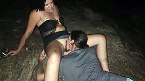 Latina couple flashes outdoors, getting cum in mouth multiple times