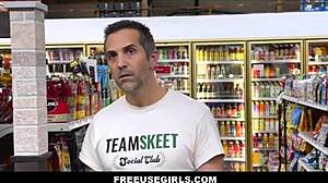 In public, skinny blonde teen Emma Rosie gets used by customers after freezing