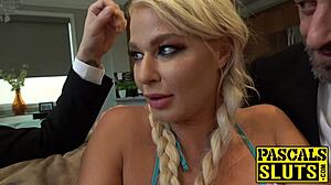 Submissive british milf in threesome with pair of doms, bound big tits bdsm maledom group cum in mouth reality deepthroat.