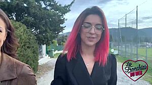 In a European party, skinny redhead Jade and Leila engage in a wild foursome with two well-endowed men, showcasing their small tits and waists.