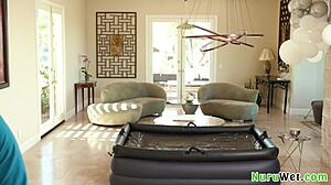 Busty teen masseuse prepares client for wet nuru massage in shower with brad sterling