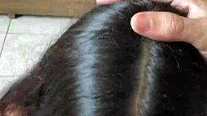 Nerdy brunette girlfriend gives deep blowjob to big cock in shorts, contrasting beauty with passion