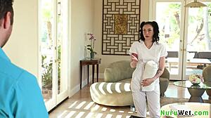 Busty teen masseuse prepares client for wet nuru massage in shower with brad sterling