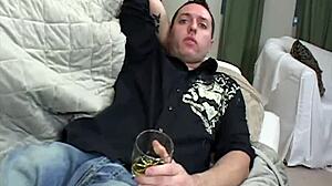 The mature blonde in red stockings got fucked by her stepson on the sofa