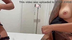 Muscular bodybuilder eats two pussies while sucking monster cock