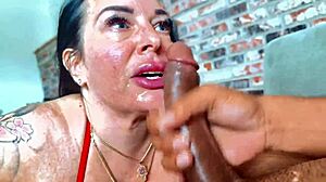 sexy milf chokes on big cock in sloppy pov blowjob, swallowing cum