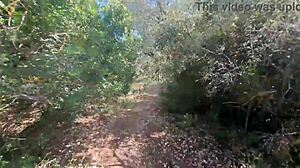 Outdoor camper gets bent over for internal creampie in public forest