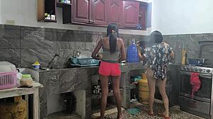 Horny Housewives Touch Each Other Sensually While Preparing Lunch For Bosses