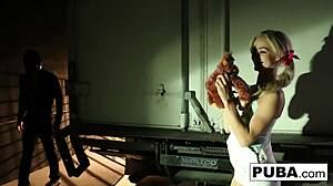 teen elsa jean fucks a masked stranger in an alleyway