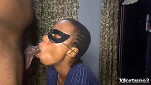 ebony babe gives good blowjob with natural tits and petite body