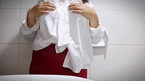 Imagine this sexy office girl masturbating in the bathroom, revealing her big tits and tight pussy.