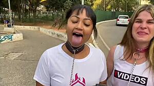walking with collared girls in sao paulo center.