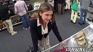Broke ass milf sells her cunt in the pawnshop earning a lot.
