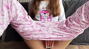 Does the teen in pajamas masturbate until she squirts?