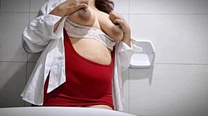 Imagine this sexy office girl masturbating in the bathroom, revealing her big tits and tight pussy.