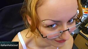 Blonde slut with glasses dives into blowjob and cowgirl action