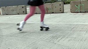 Roller skates and thigh high fishnets cindy behr rides his cock