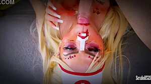 sexy zombie nurse is back from halloween party craving milk in pov