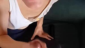 Wife gives handjob leading to cum masturbation session