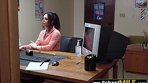 horny milf bends over and rides the perverted principal hard until he shoots his load