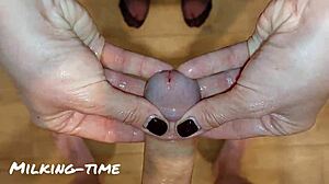 Slut wife edges sensitive cock while laughing during milking session