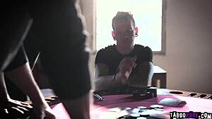 Three men give lena paul mouthful of big loaded cocks