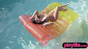 Curvy Milf Teases Big Tits While Stripping Nude in Pool