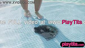 Curvy Milf Teases Big Tits While Stripping Nude in Pool